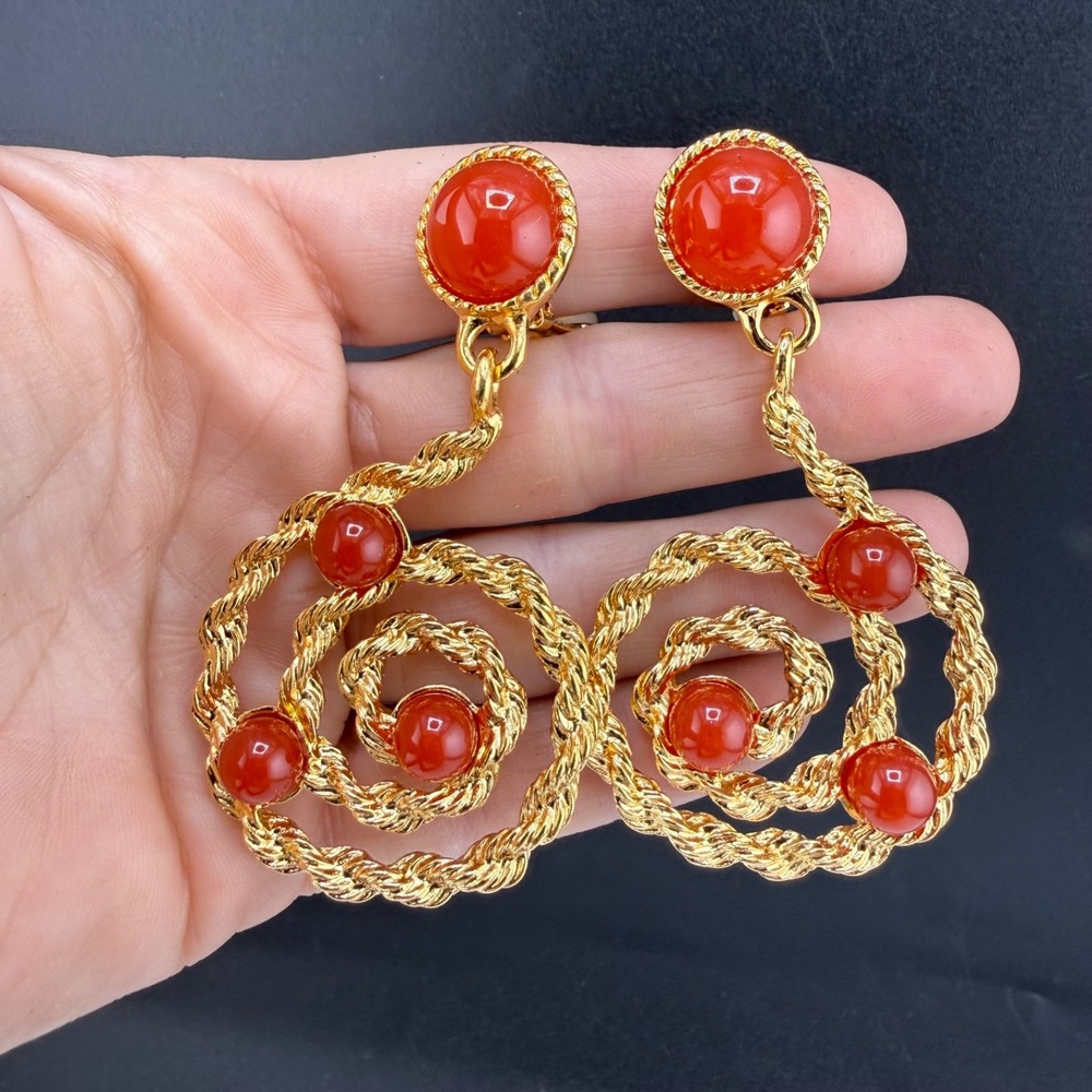 Vintage Avon Clip On Earrings Gold Red Bold Swirl Dangle Drop Statement